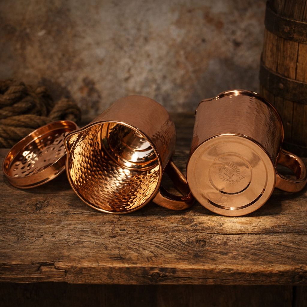 Solid copper 1.5 litre jug from the drinks set, hammered finish and pouring lip