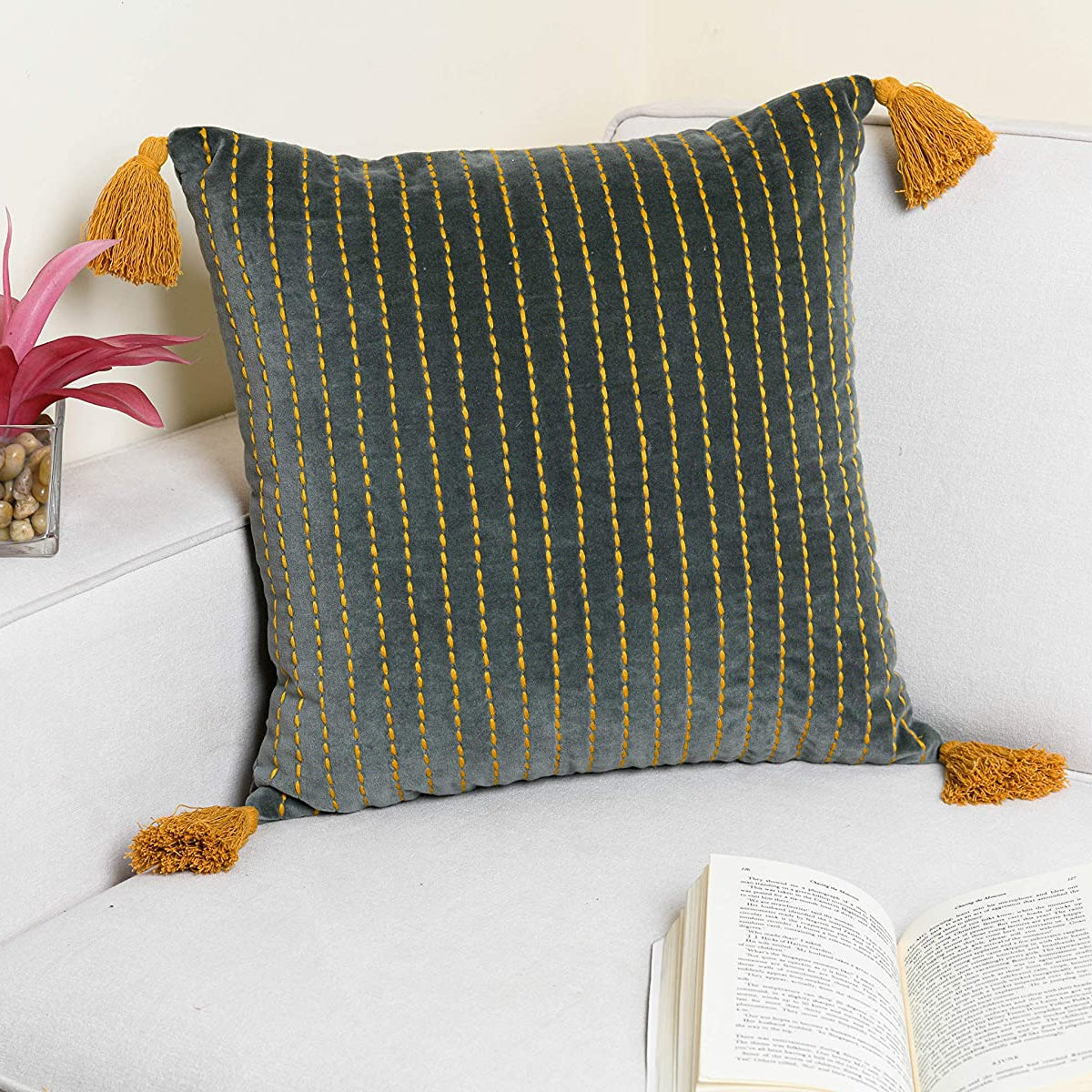 Tassels Cushion Cover - Beige, Handwoven