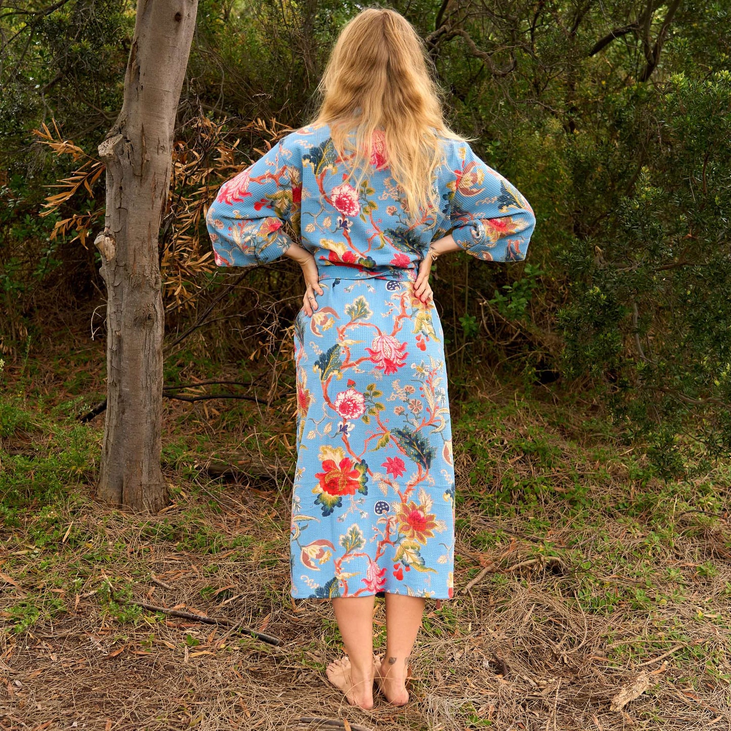 Serene Sky Waffle Cotton Kimono Robe - Floral Elegance in Blue