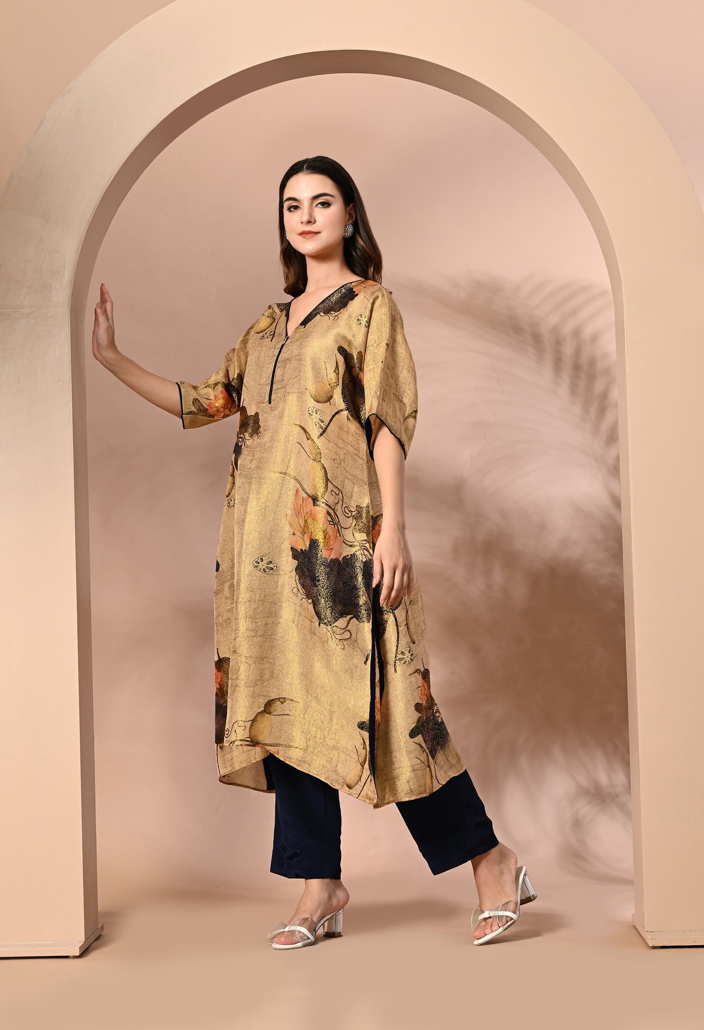 Golden Silk Brocket Digital Print Indo Western Outfit