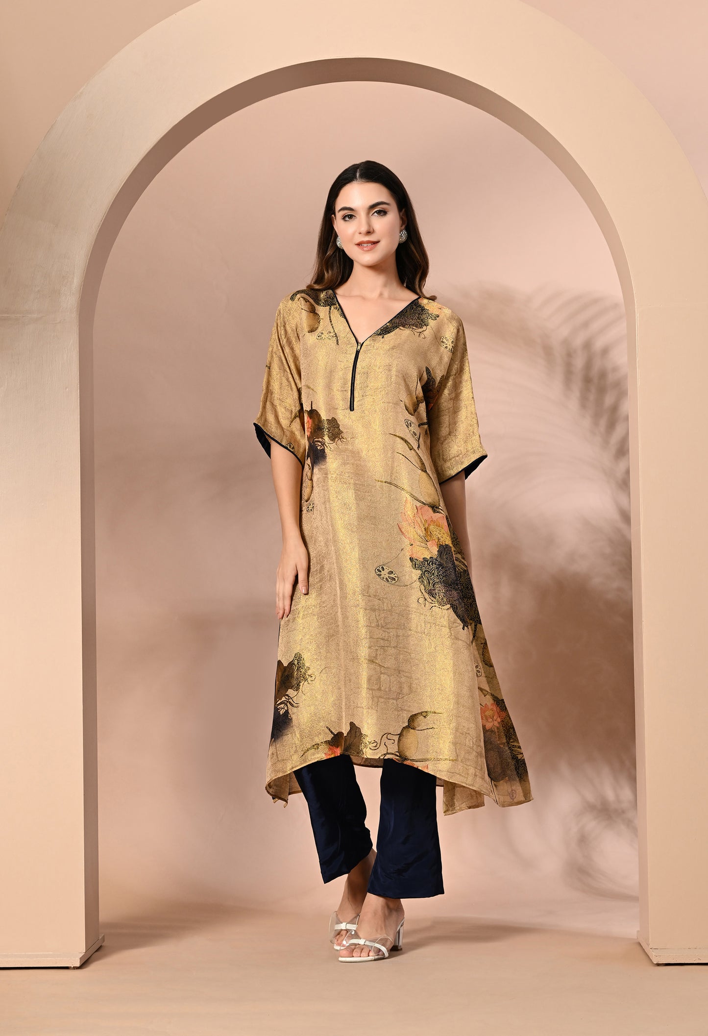 Golden Silk Brocket Digital Print Indo Western Outfit