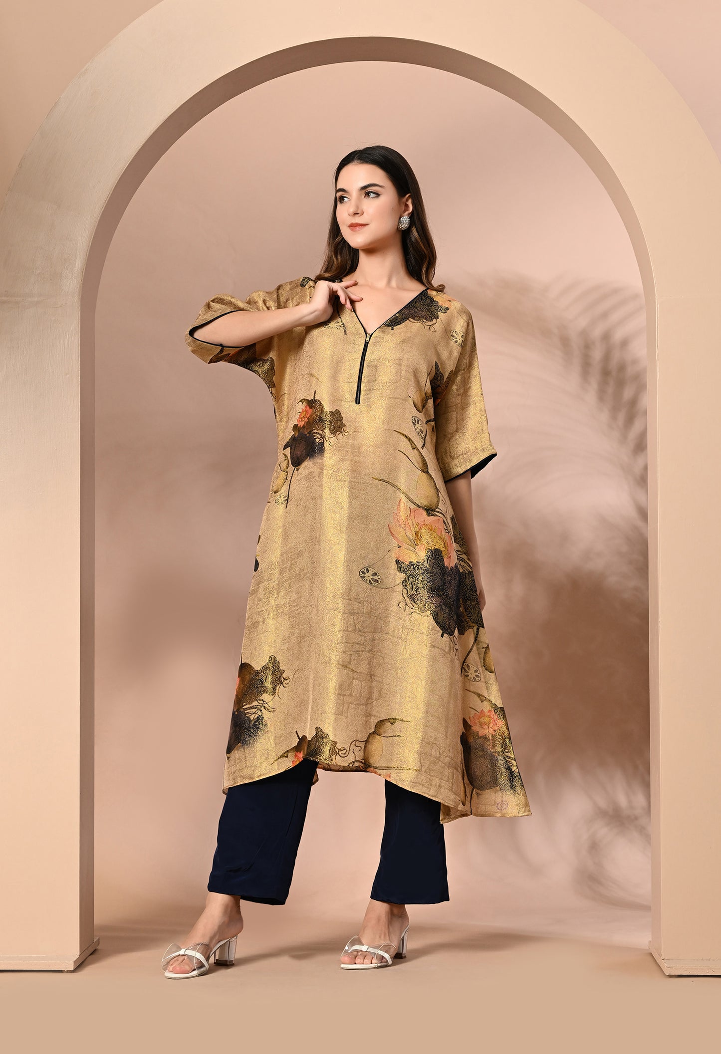 Golden Silk Brocket Digital Print Indo Western Outfit