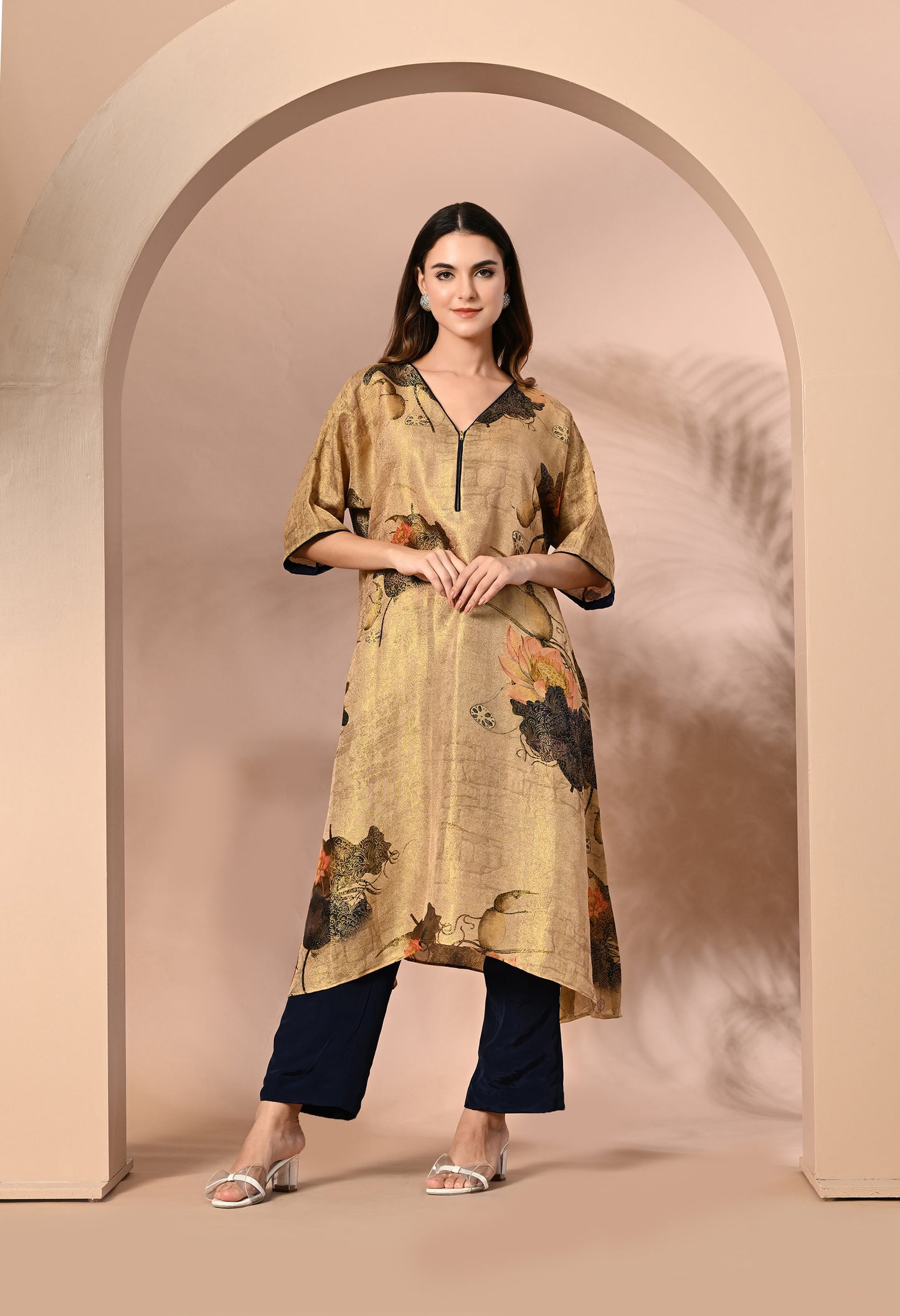 Golden Silk Brocket Digital Print Indo Western Outfit