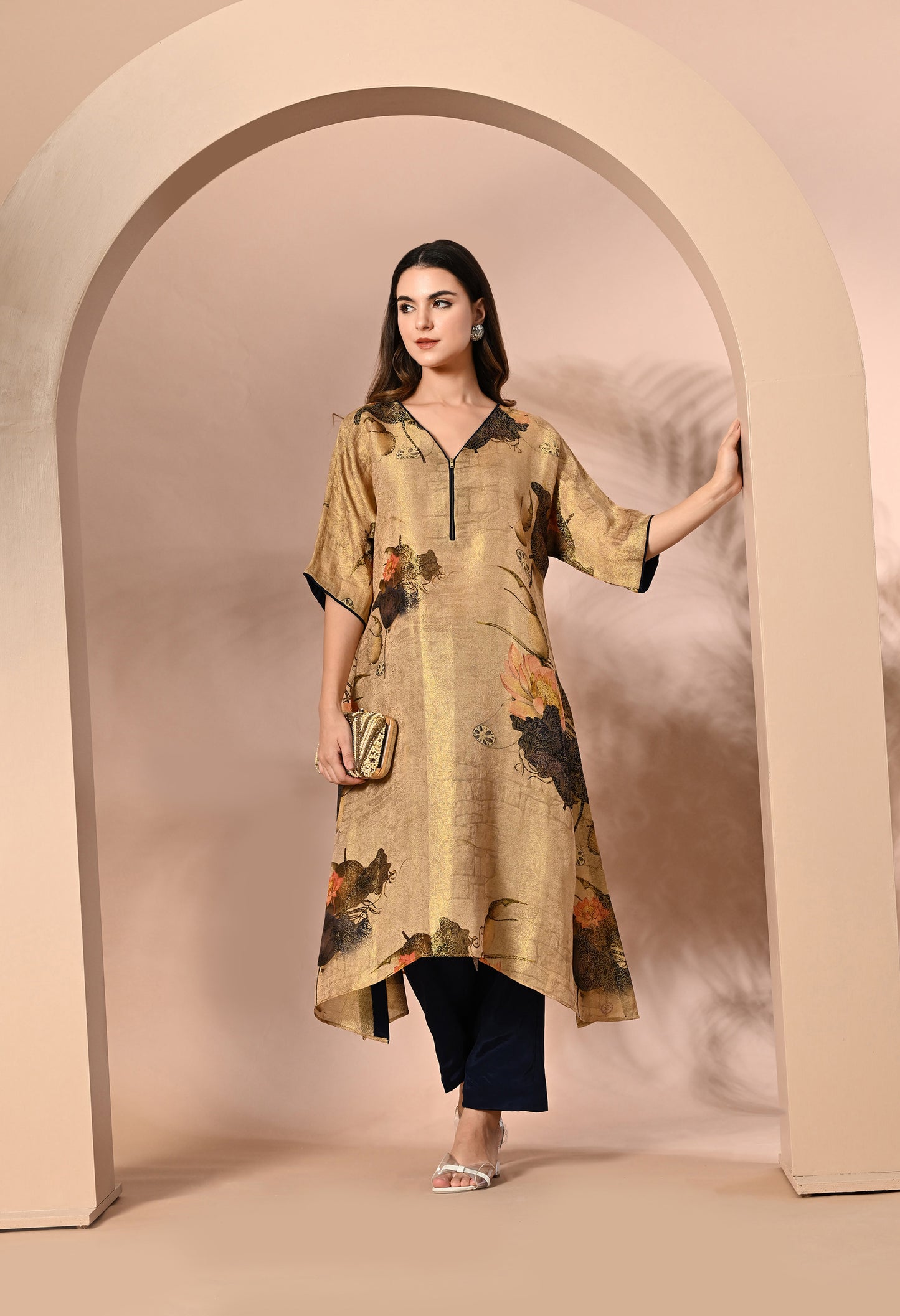 Golden Silk Brocket Digital Print Indo Western Outfit