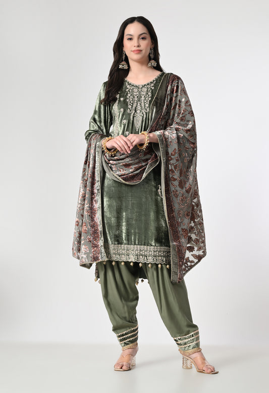Regal Olive Green Velvet Suit with Embroidered Velvet Dupatta