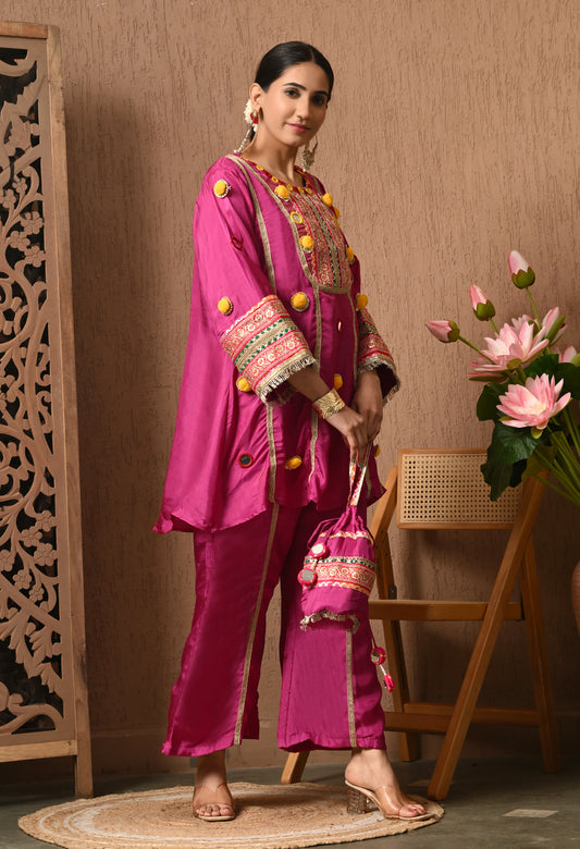 Pink Traditional Choga Set with Real Mirror Work, Accessories and Laces