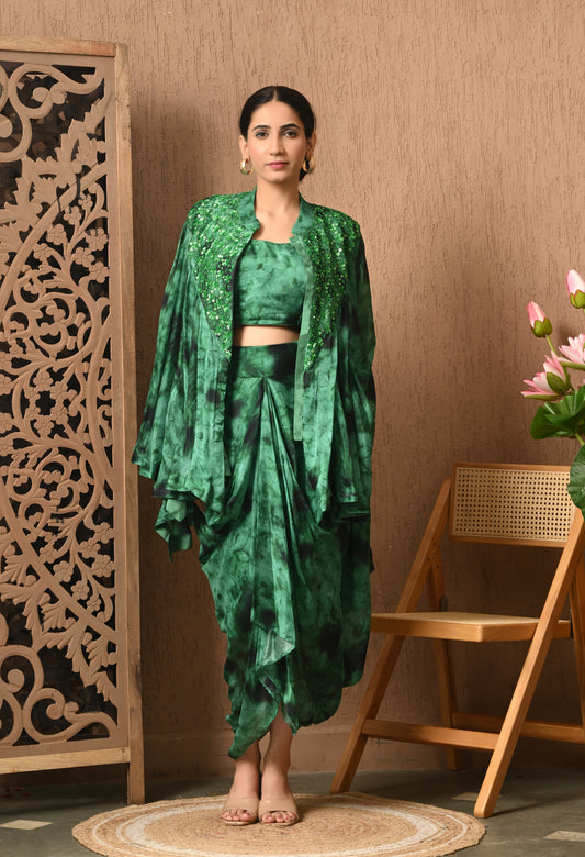 Green And Black Tie and Die Indowestern Three Pc Set
