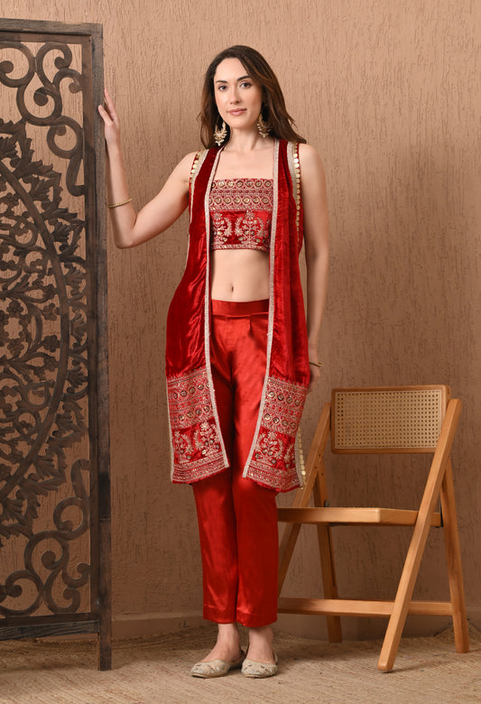 Red Velvet Indo Western  Jacket Style Outfit