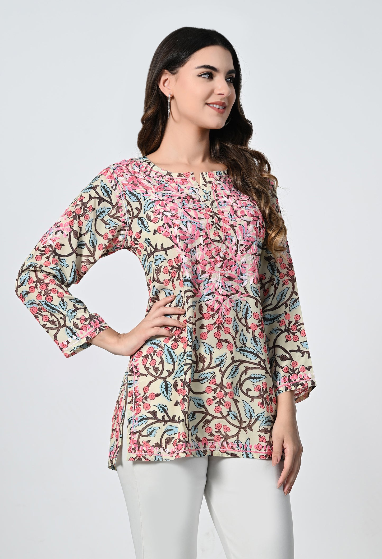Short Printed Crape Lucknowi Kurti
