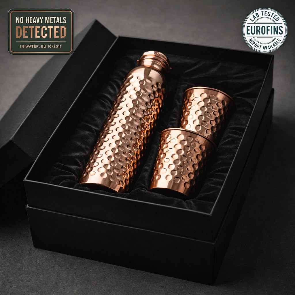 Copper bottle and two glasses gift set, independently lab tested, no heavy metals detected