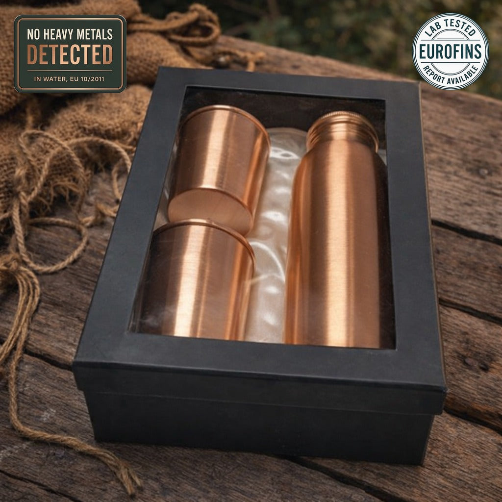 Plain copper bottle gift set with two 300ml tumblers, laboratory tested