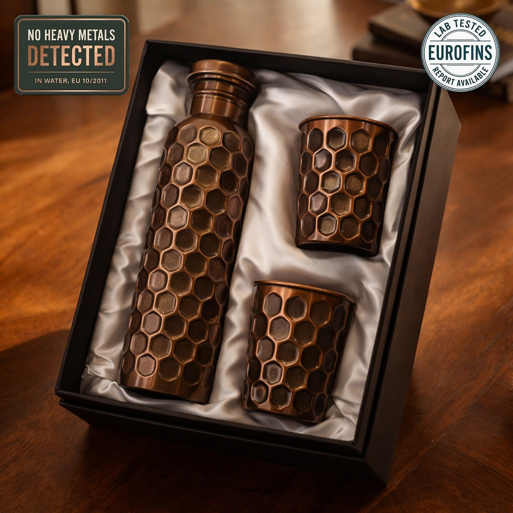 Antique look copper bottle and glass set, Eurofins tested for heavy metal migration