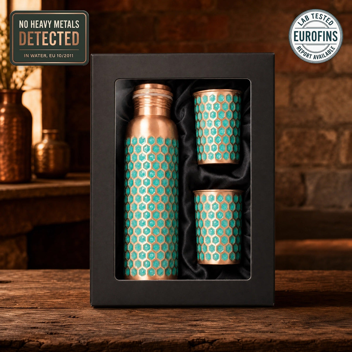 Green honeycomb copper bottle and glasses gift set, Eurofins lab tested