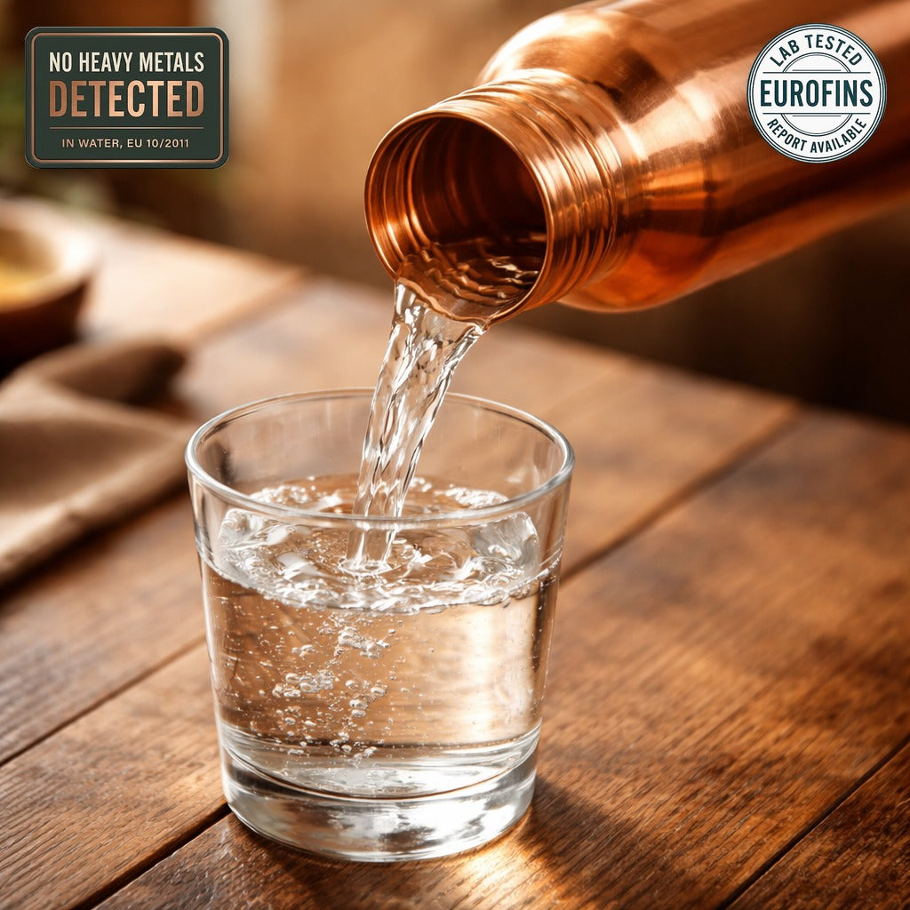 Plain smooth copper water bottle 950ml, tested by Eurofins, no heavy metals detected