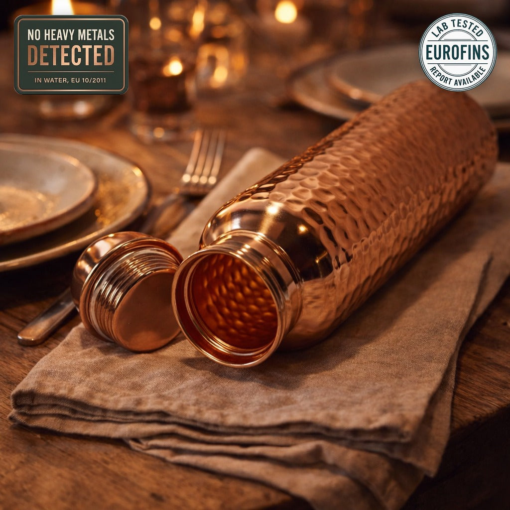 Hand hammered copper water bottle, Eurofins lab tested, no heavy metals detected in water