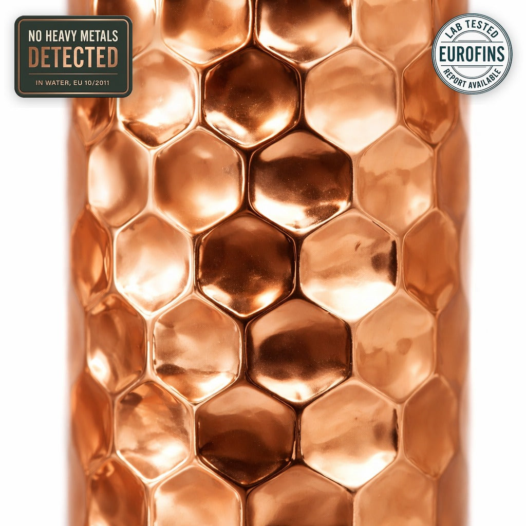 Embossed copper water bottle with shiny polish, independently lab tested, no heavy metals detected