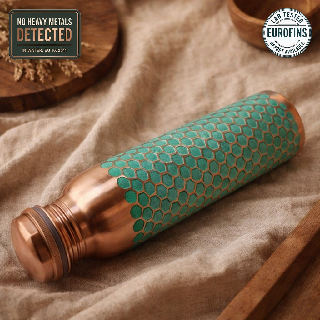 Green finish embossed copper bottle 950ml, Eurofins lab report available