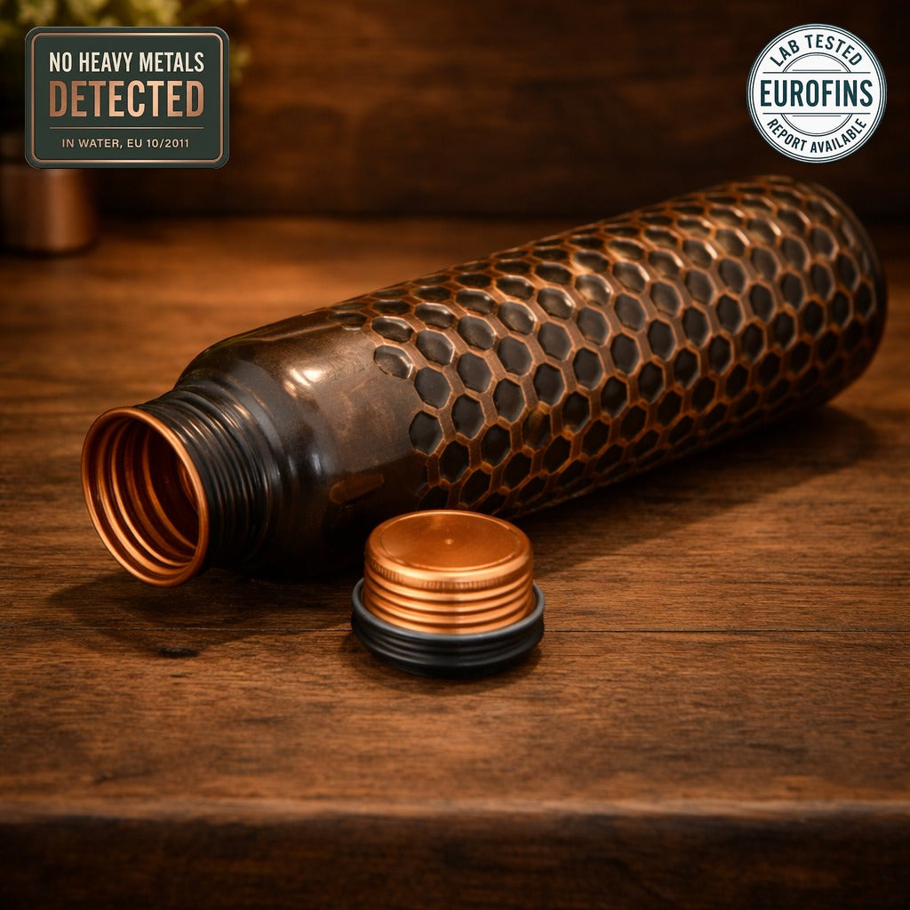 Antique embossed Ayurvedic copper bottle, laboratory tested, no heavy metals detected in water