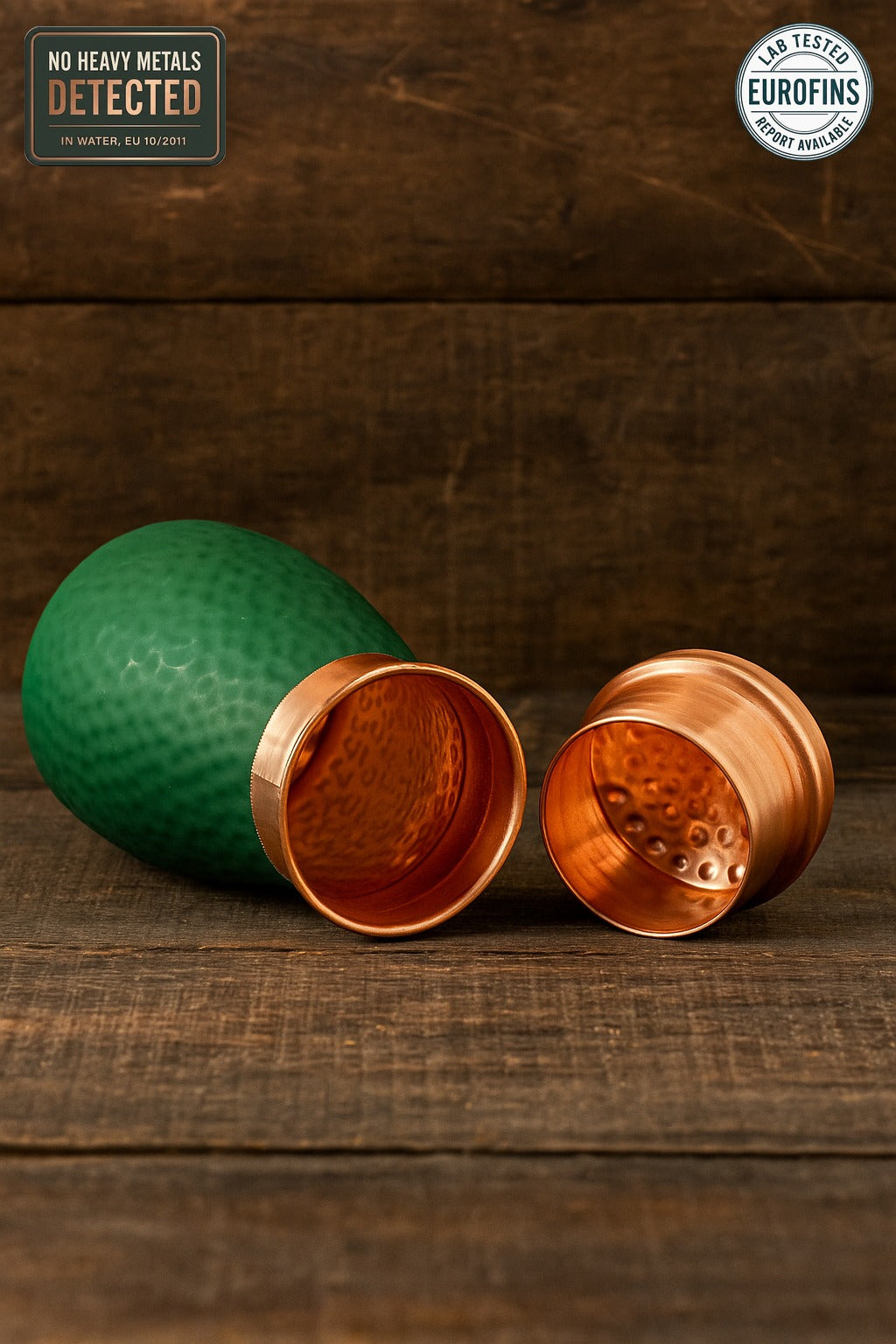 Green copper bedroom bottle with inbuilt glass, Eurofins lab report available