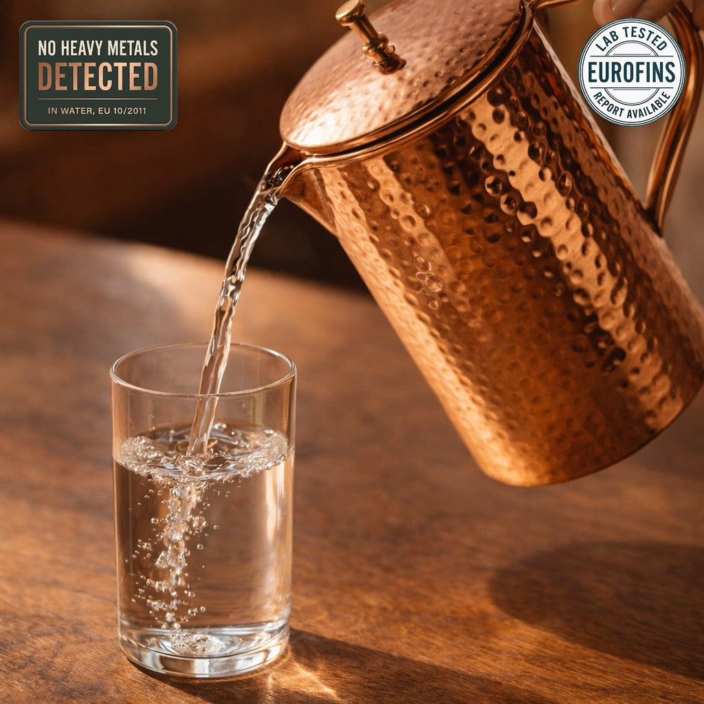 Hand hammered copper water pitcher 1.5L, Eurofins lab tested, no heavy metals detected