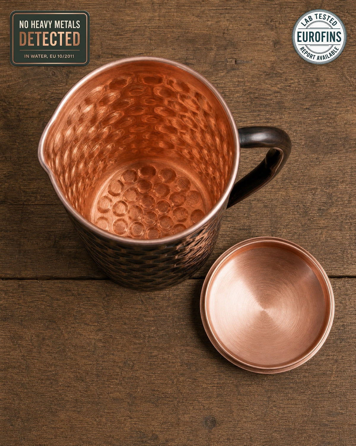 Honeycomb embossed copper jug with lid, independently tested for heavy metal migration