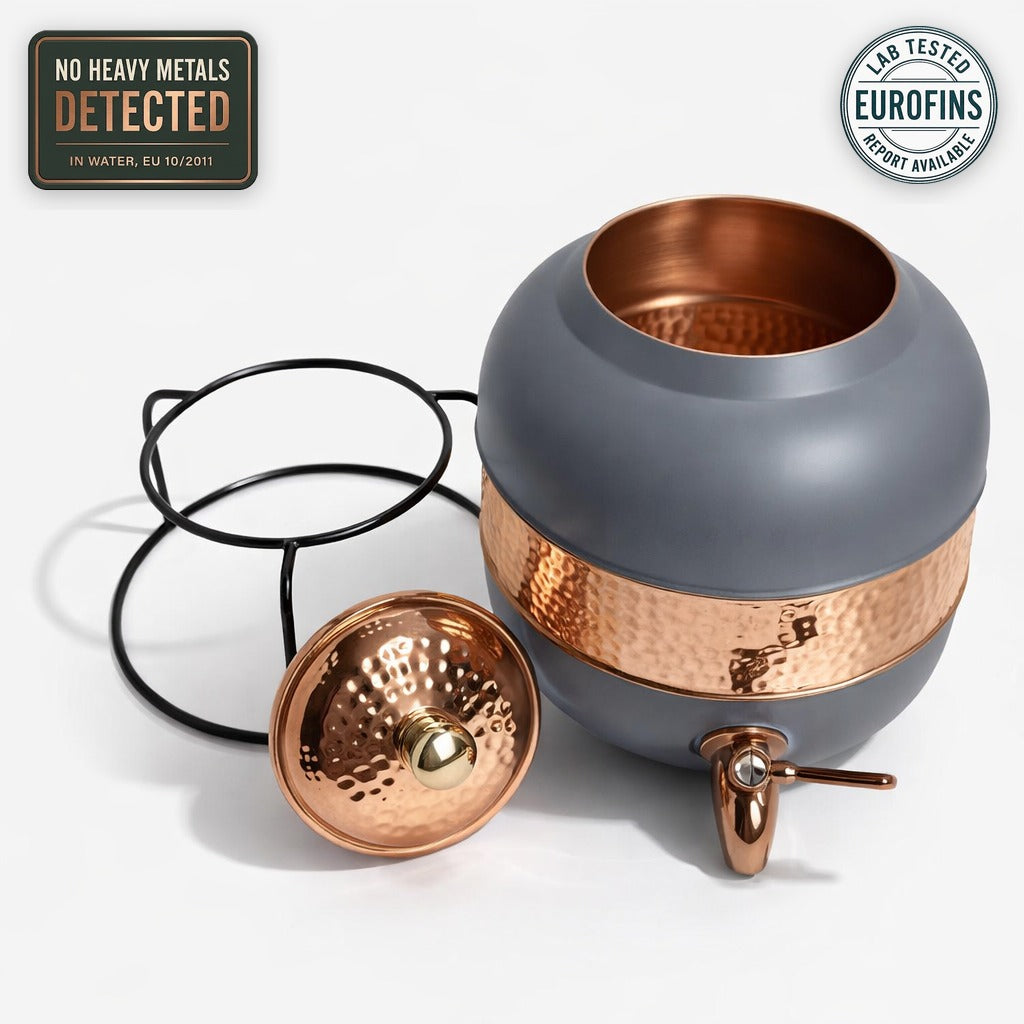 Matte grey hammered copper water dispenser with stand, laboratory tested