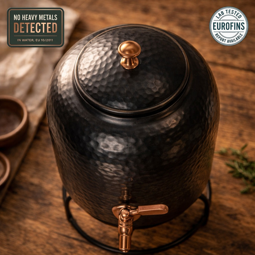 Antique hammered Ayurvedic copper water dispenser, independently lab tested