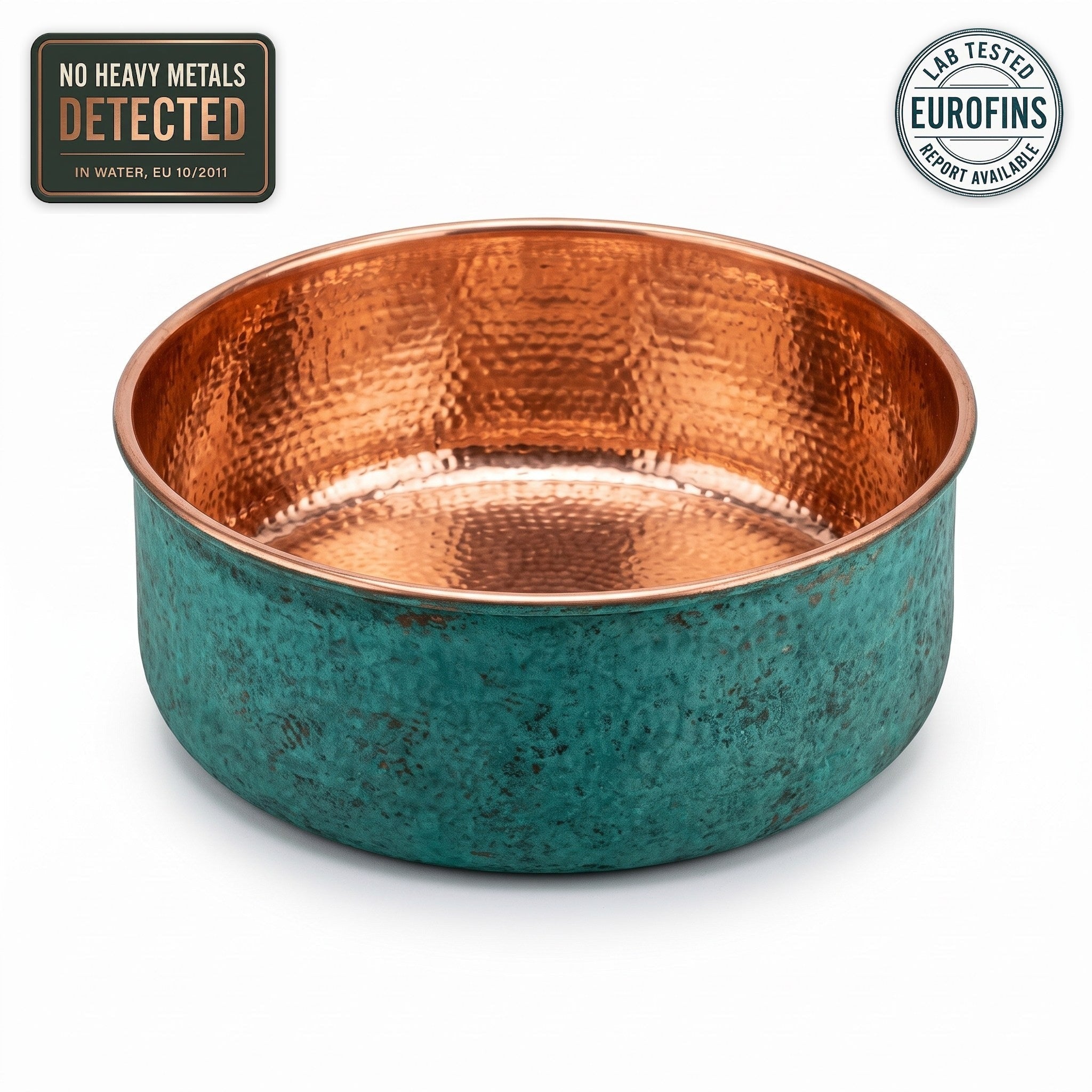 Hand hammered copper pedicure bowl with green patina, Eurofins lab report available