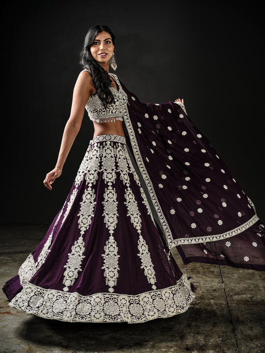 Purple georgette fabric lehenga with thread embroidery