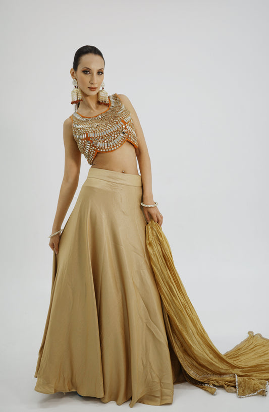 Orange Mirror Embellished Blouse &amp; Flowy Golden Skirt Set