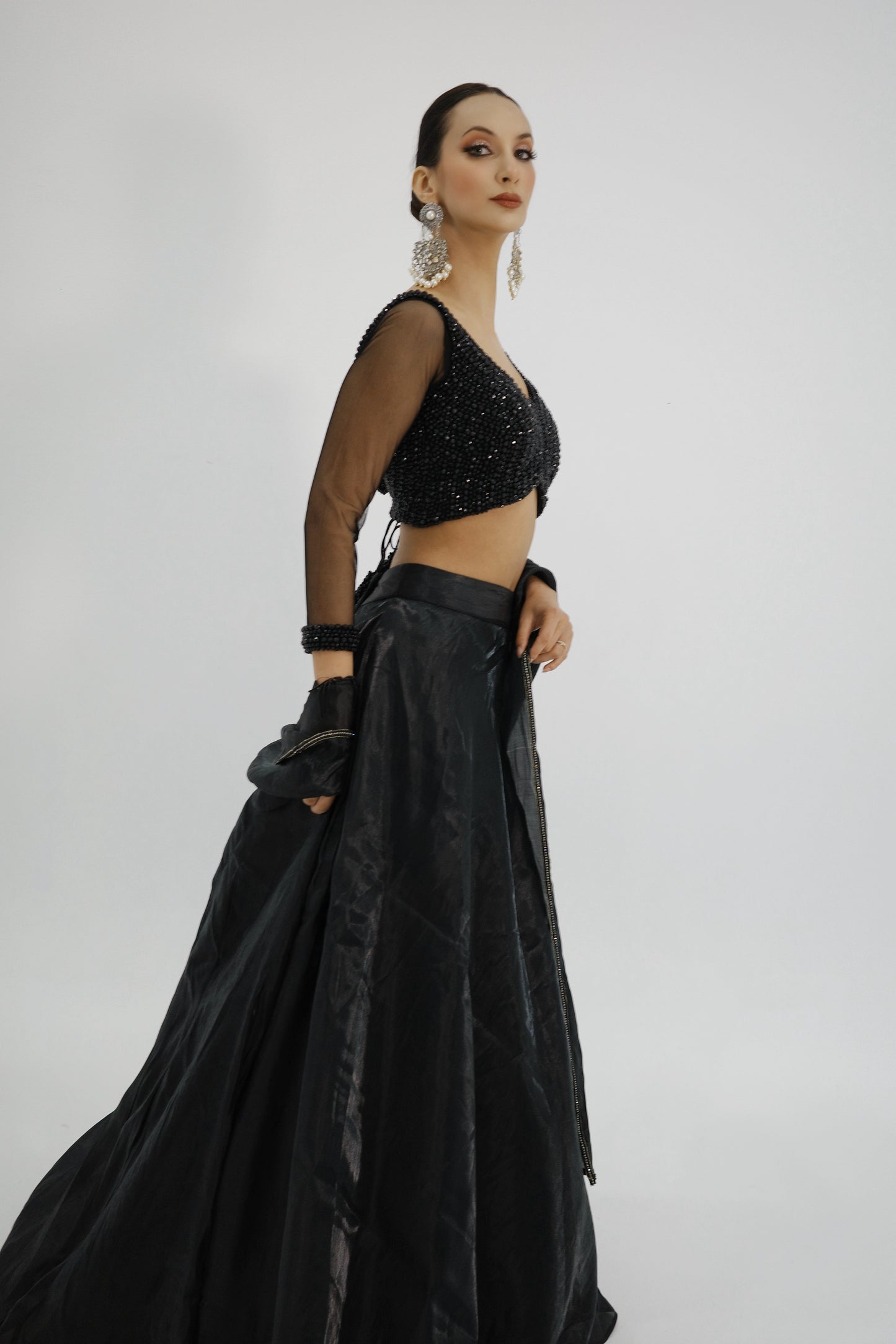 Black Organza Indo-Western Lehenga with Beaded Blouse and Cape
