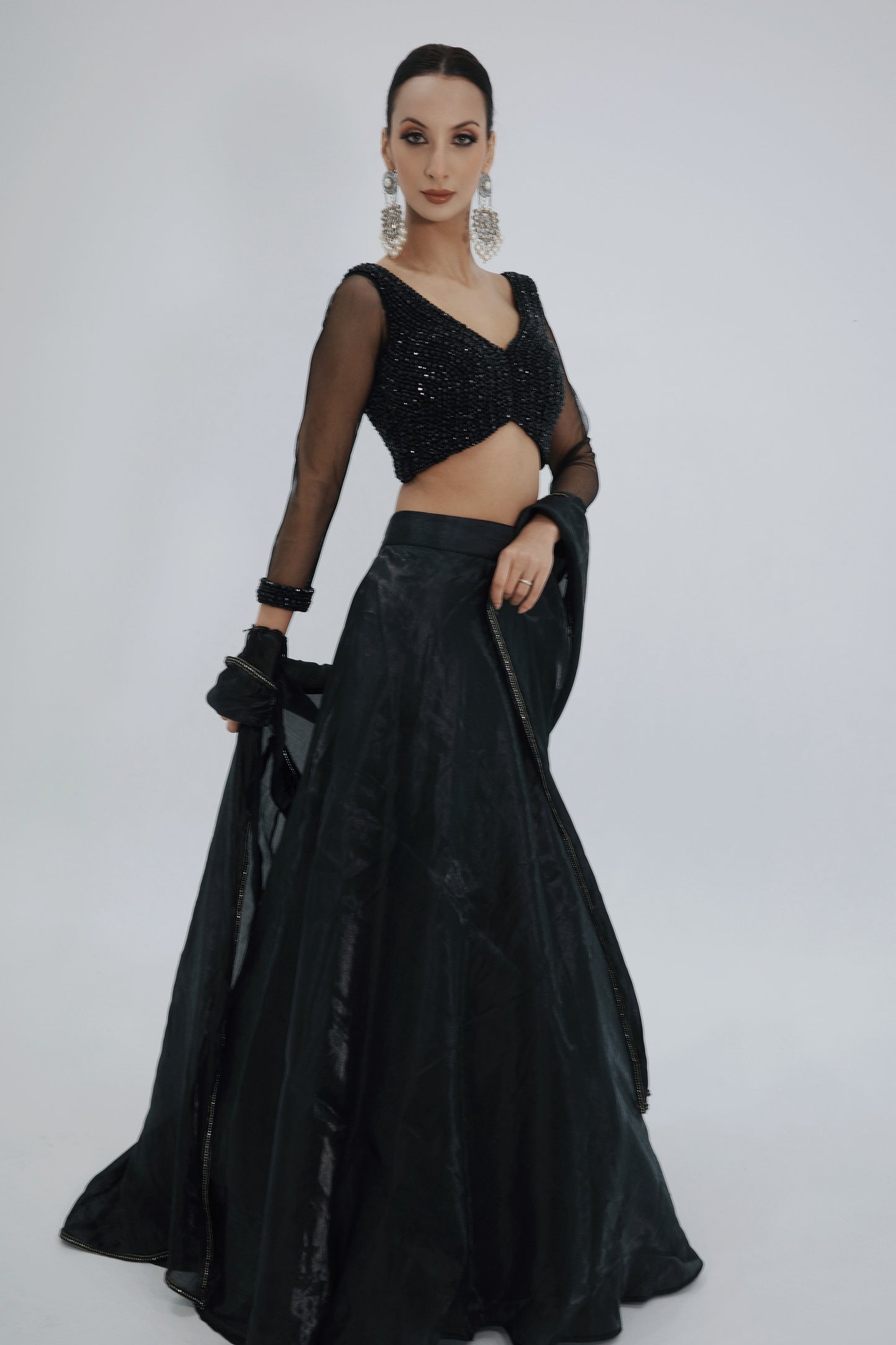 Black Organza Indo-Western Lehenga with Beaded Blouse and Cape
