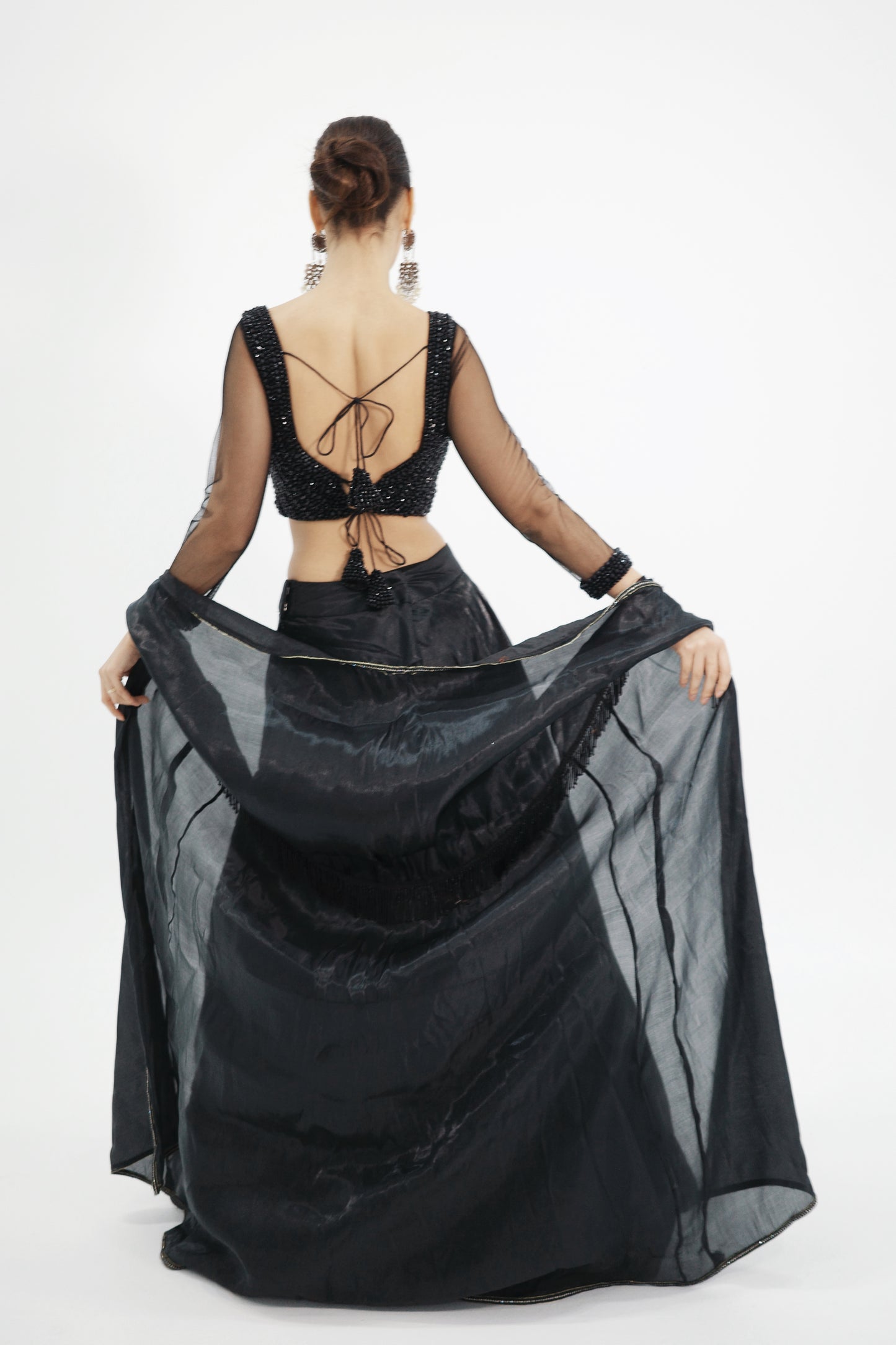 Black Organza Indo-Western Lehenga with Beaded Blouse and Cape