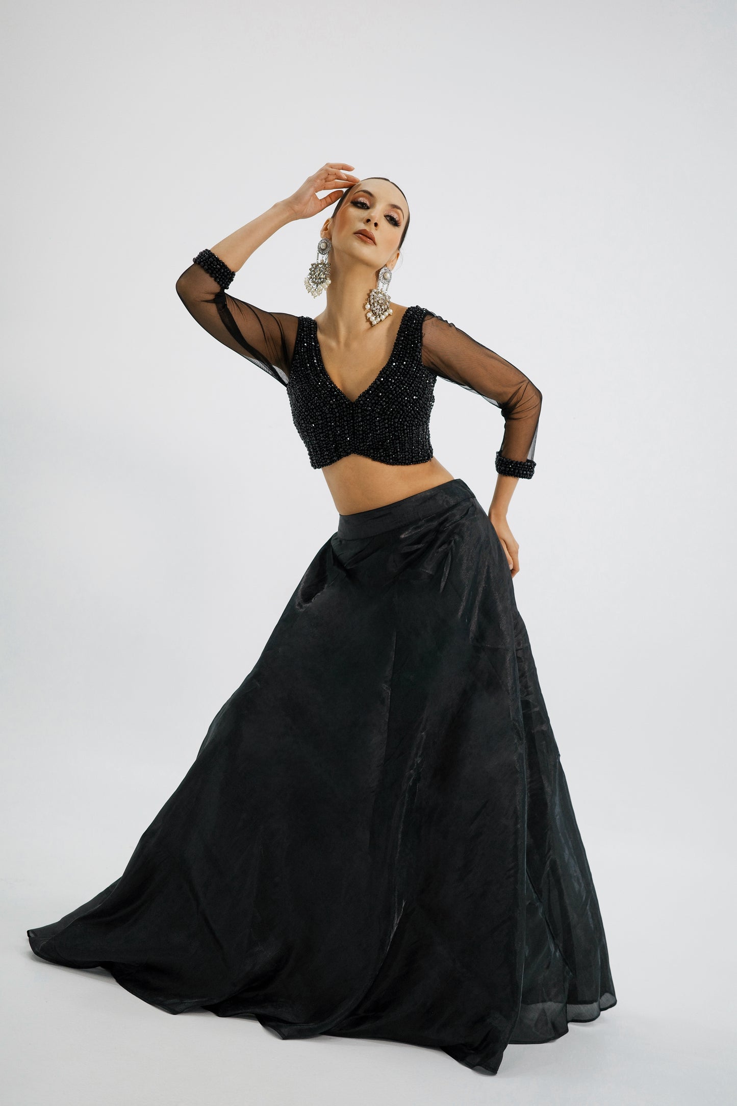 Black Organza Indo-Western Lehenga with Beaded Blouse and Cape