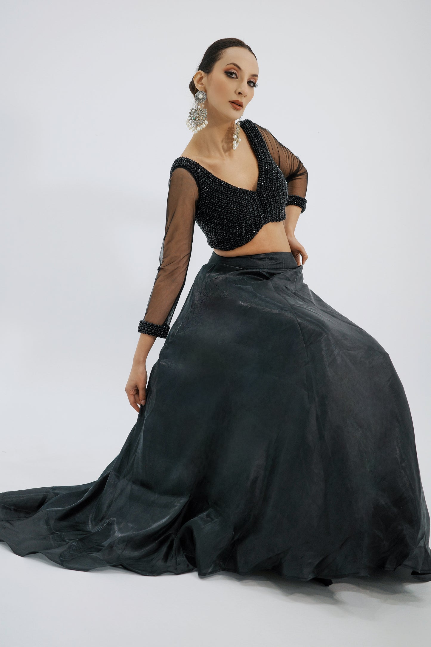 Black Organza Indo-Western Lehenga with Beaded Blouse and Cape