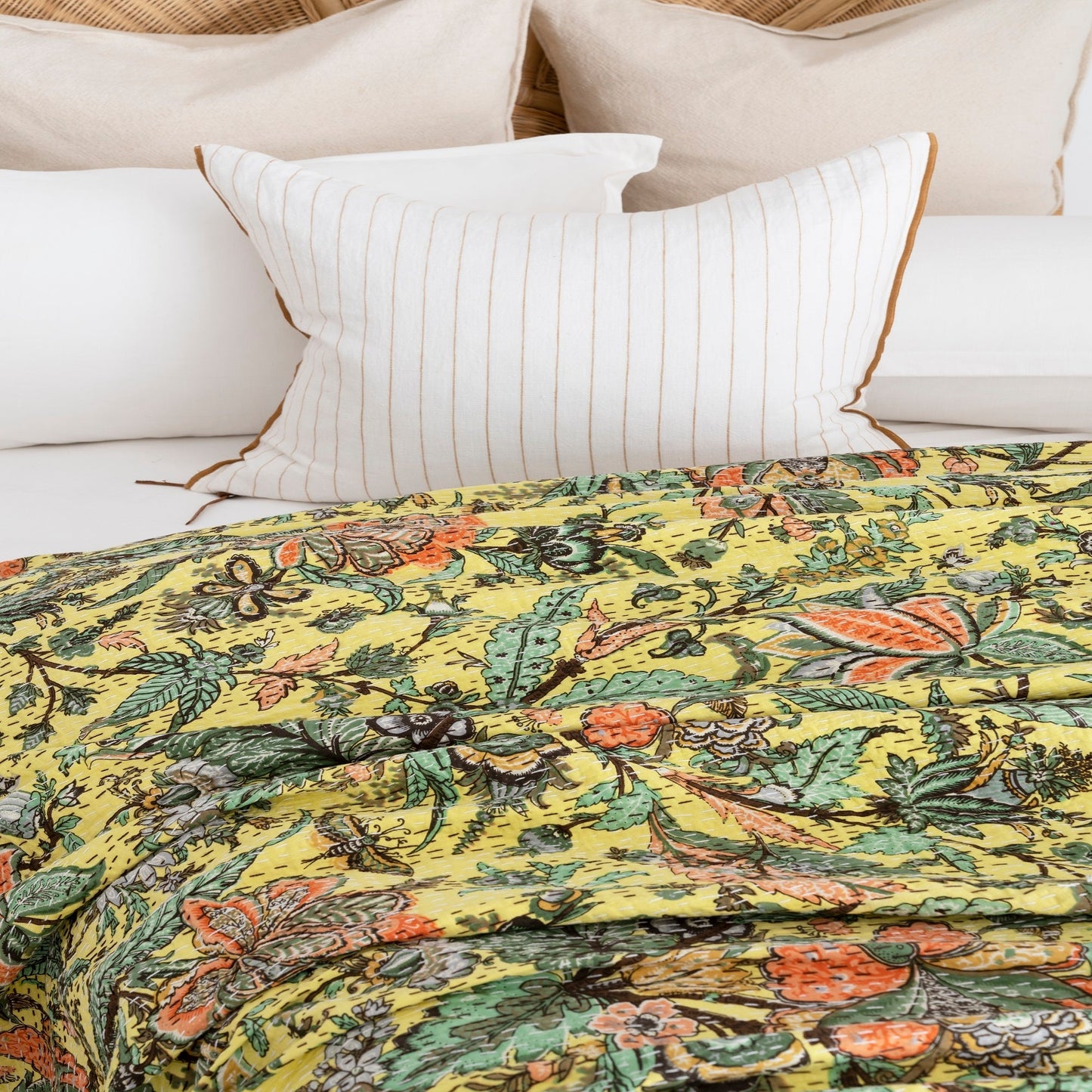 Sunny Yellow Boho Kantha Quilt – Luxe Throw