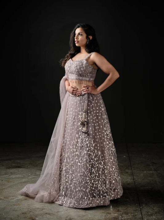 Lilac Purple Lehenga Suit Set In Net With Gota And Thread Work