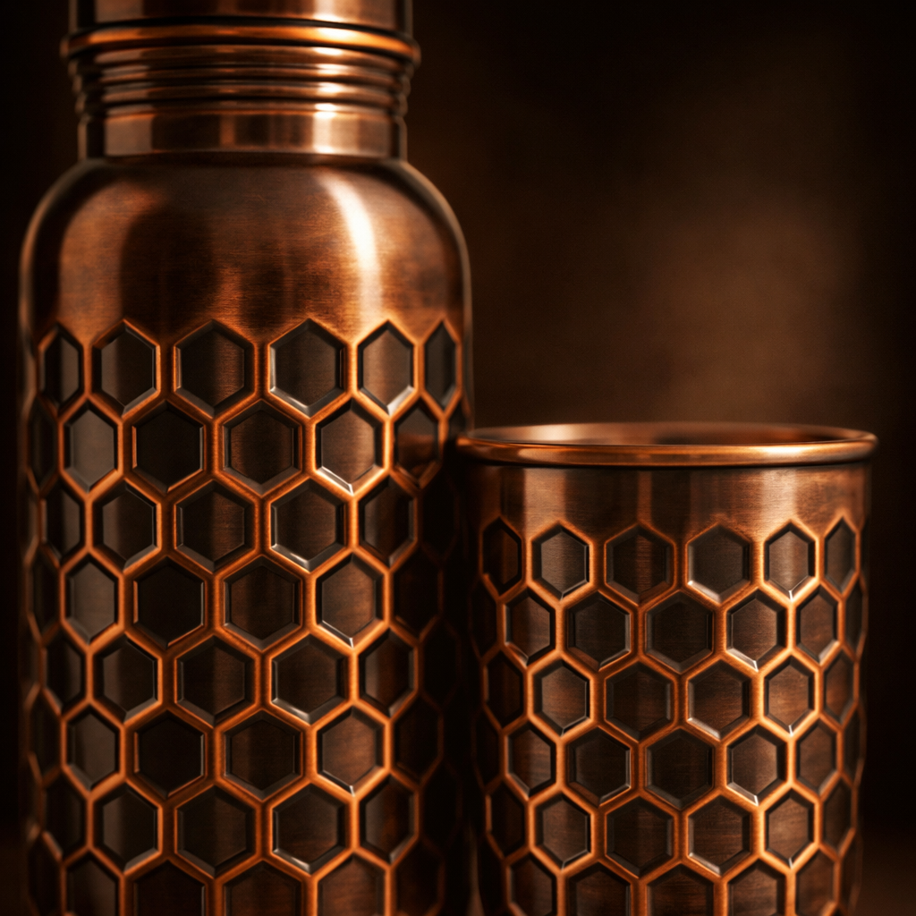 Close-up of the intricate embossed design on an antique copper bottle.