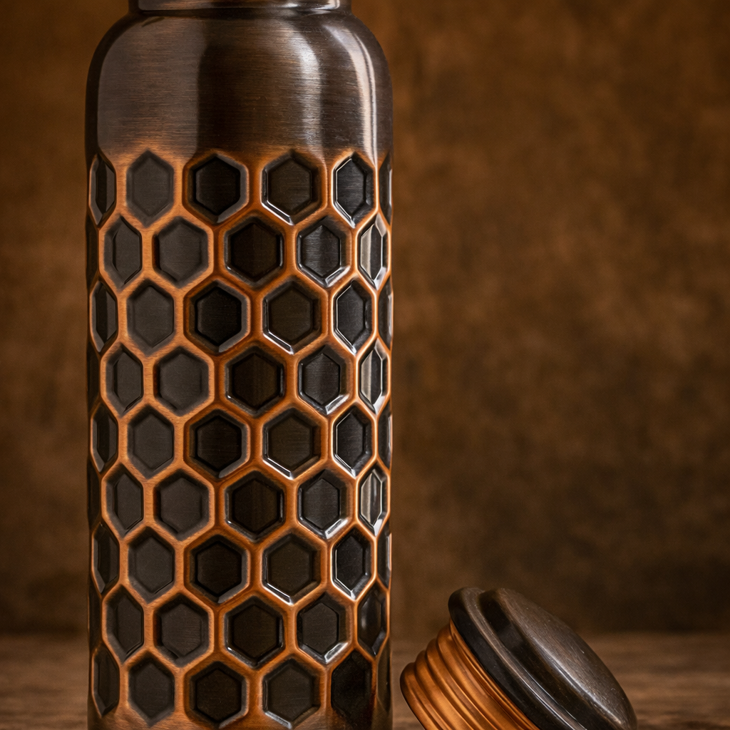 950ml antique embossed copper water bottle placed in a garden setting.