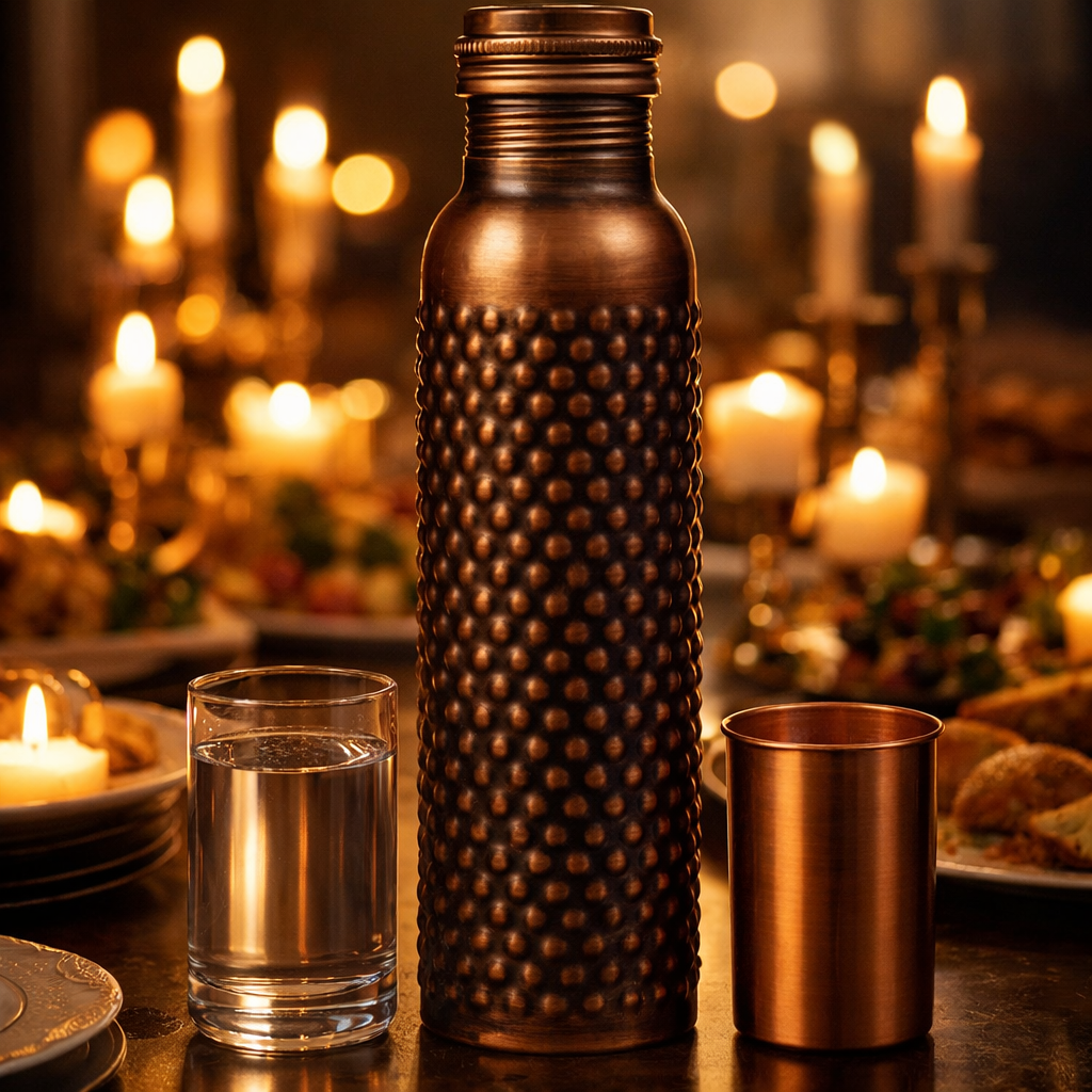 Traditional antique finish copper water bottle displayed on a rustic wooden table.