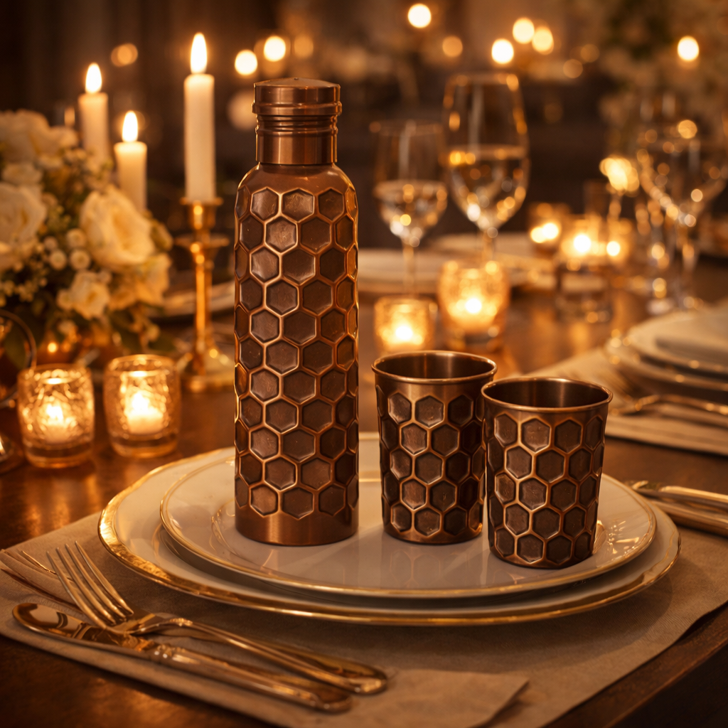 Pure copper embossed water bottle and two glasses with an antique finish