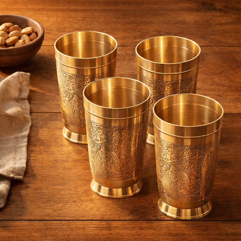 Embossed brass glasses arrangement stylish handcrafted design