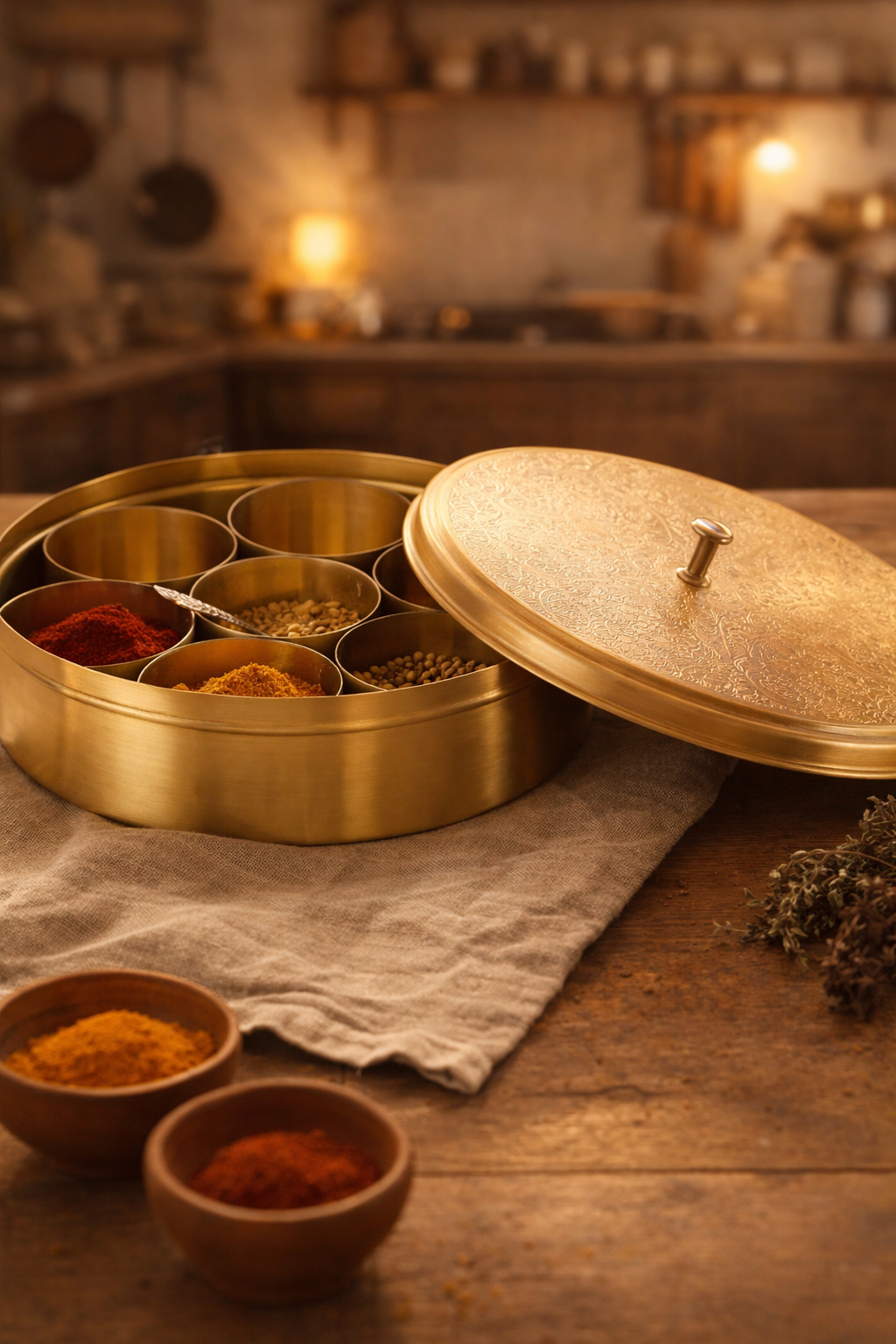 Handcrafted brass masala box 7.5 inch with lid traditional spice storage