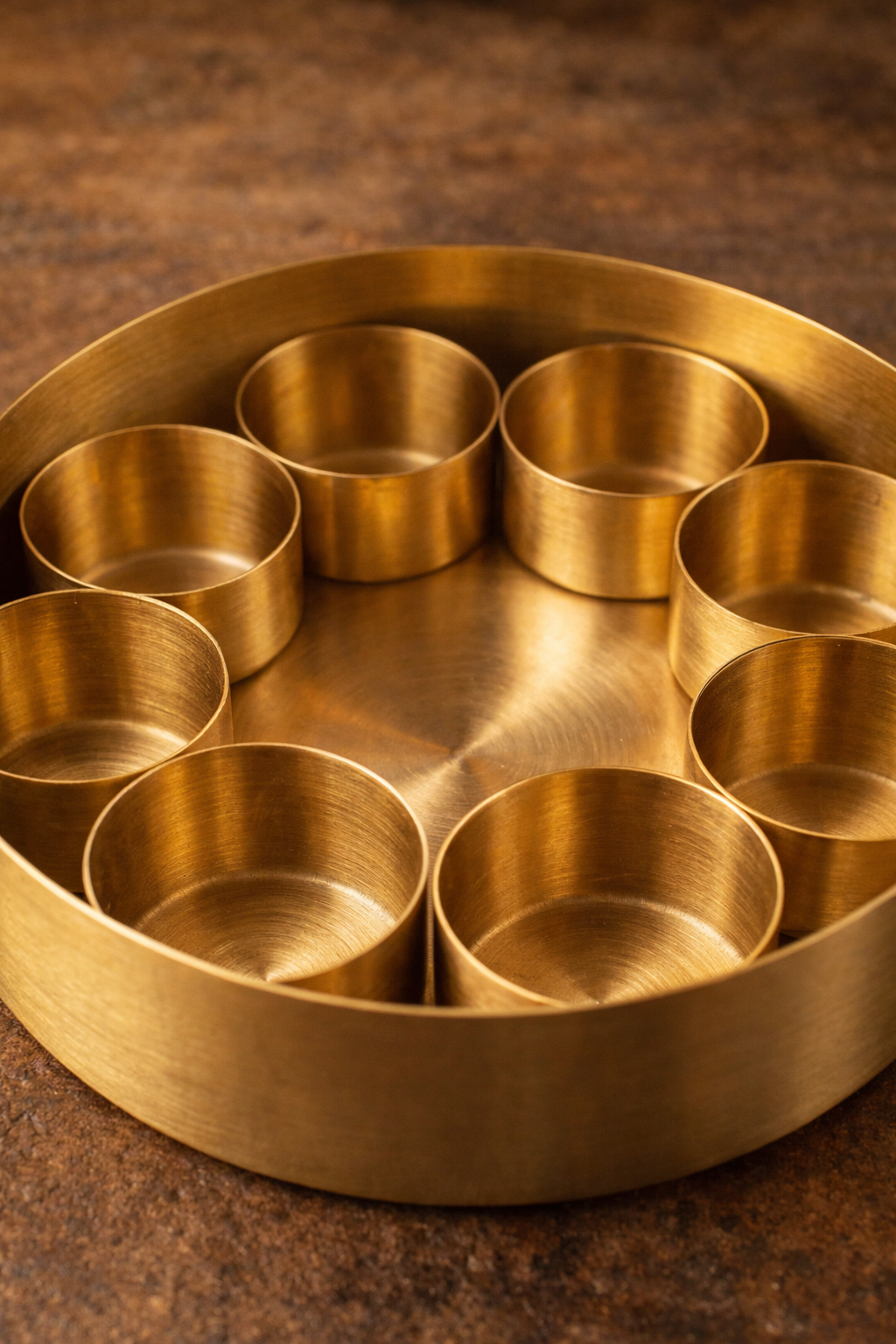 Brushed brass spice bowls inside masala box traditional set