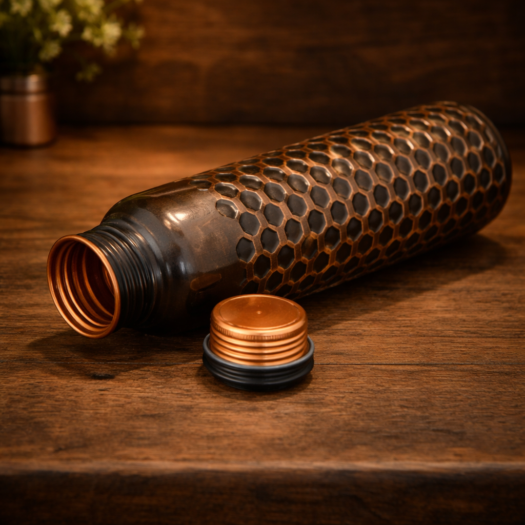 Close-up of the intricate embossed design on an antique pure copper bottle.