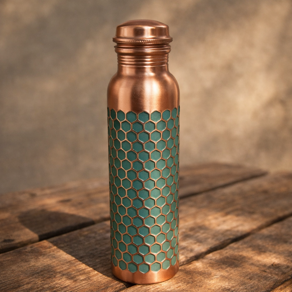Close-up of the handcrafted embossed patterns on a green copper bottle