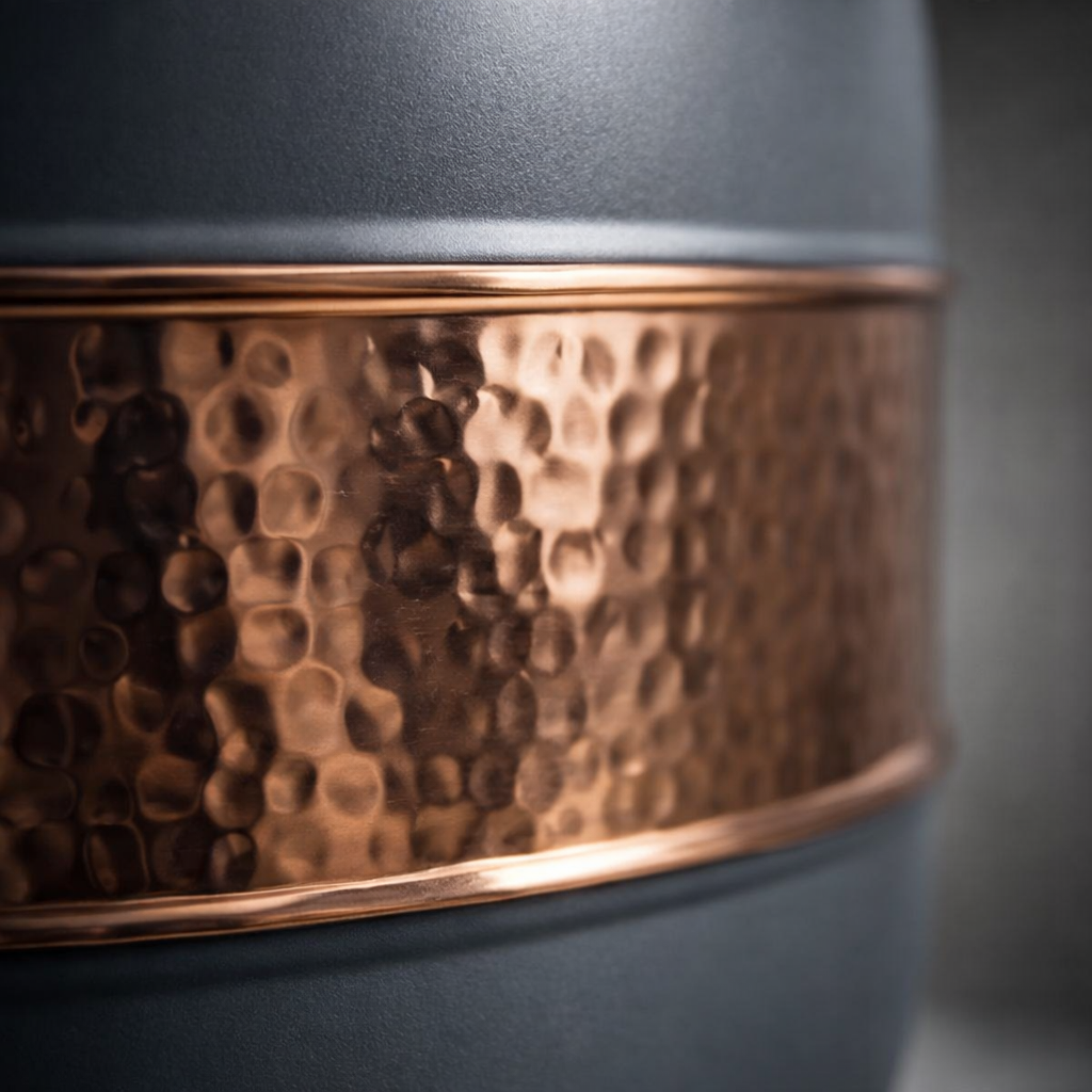 Elegant copper-banded water dispenser with a unique silk gray texture