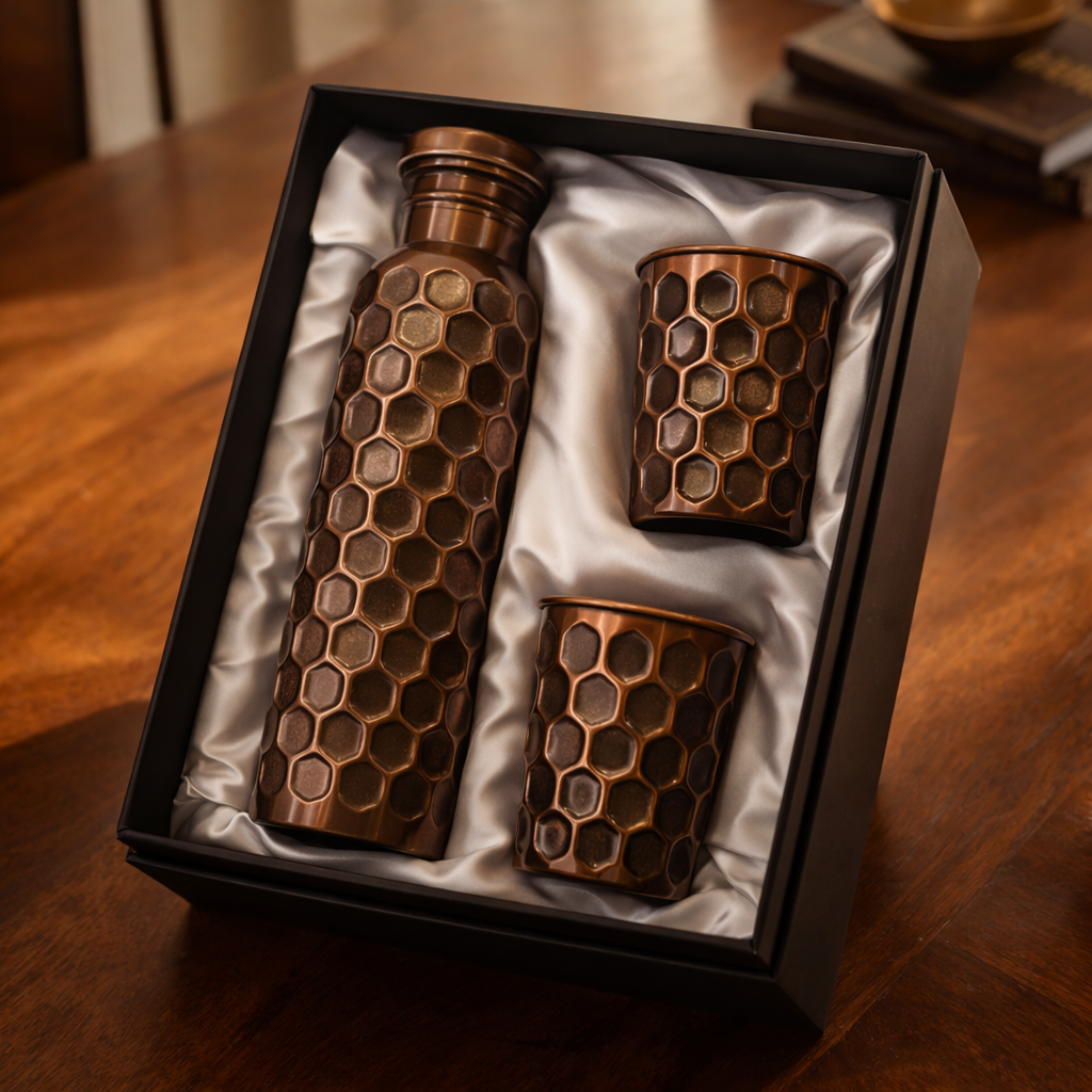Antique finish copper bottle and glass set displayed on a table