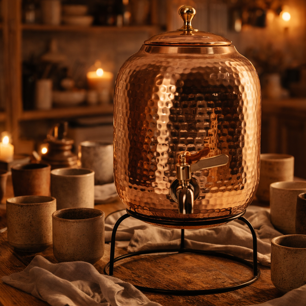Pure copper water dispenser with a matching glass on a wooden table