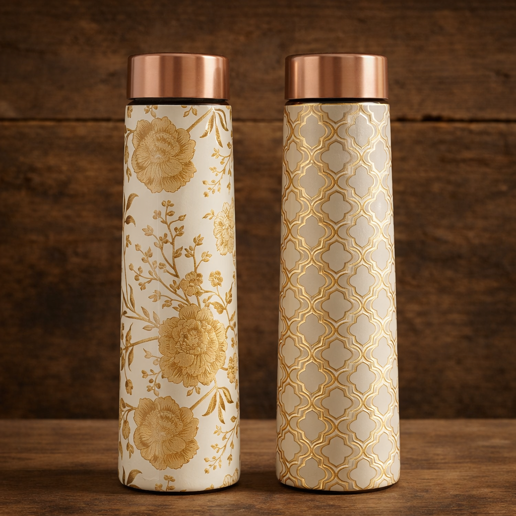 Copper gold floral print water bottle set of 2 800ml elegant design